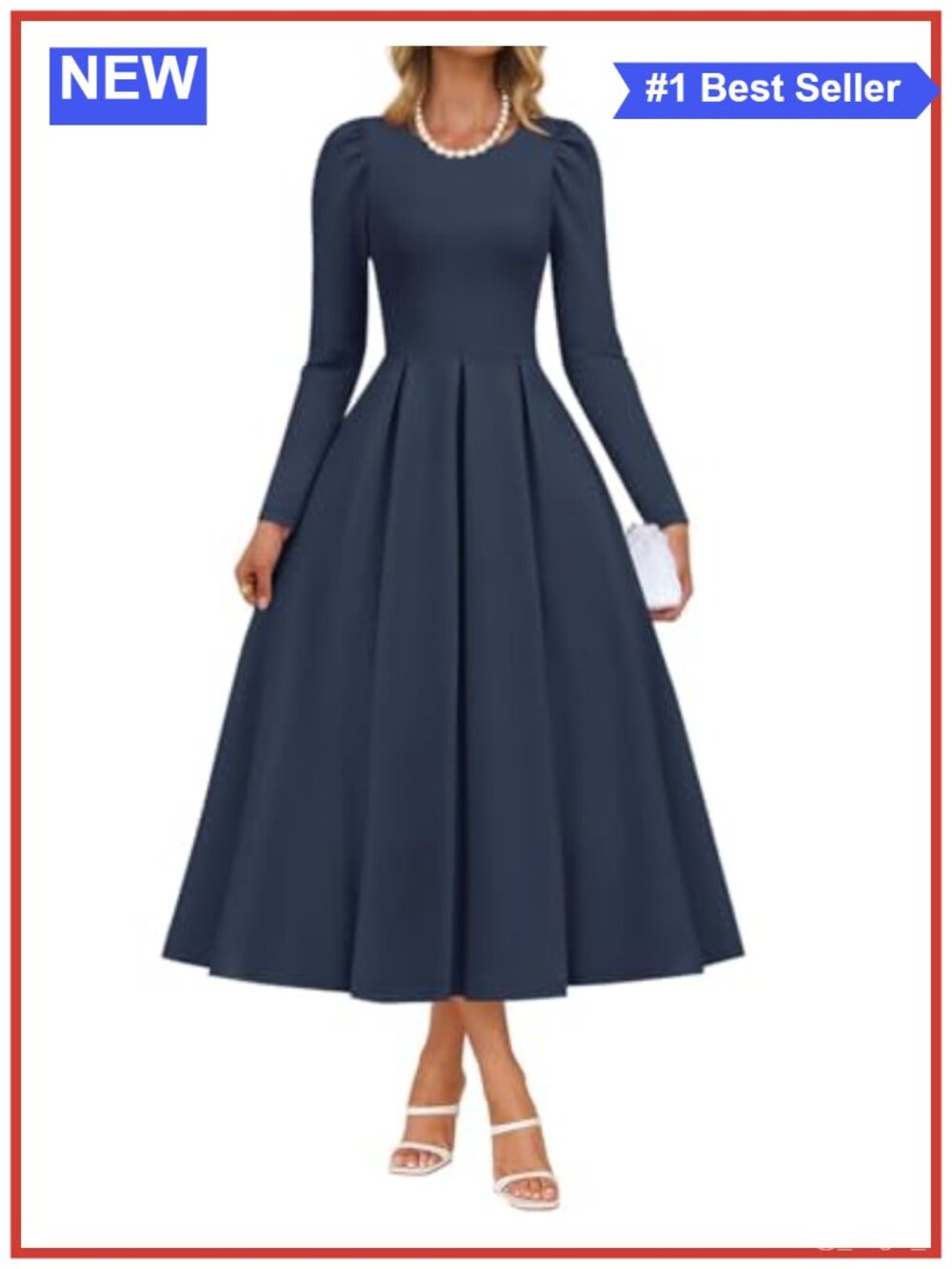 Viscose High Waist A-Line Midi Dress with Pockets Long Sleeve Back Zipper